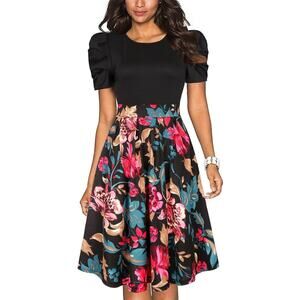 ChicCloth Woman's Business Summer Party Black and  Floral Midi Dress Size XL